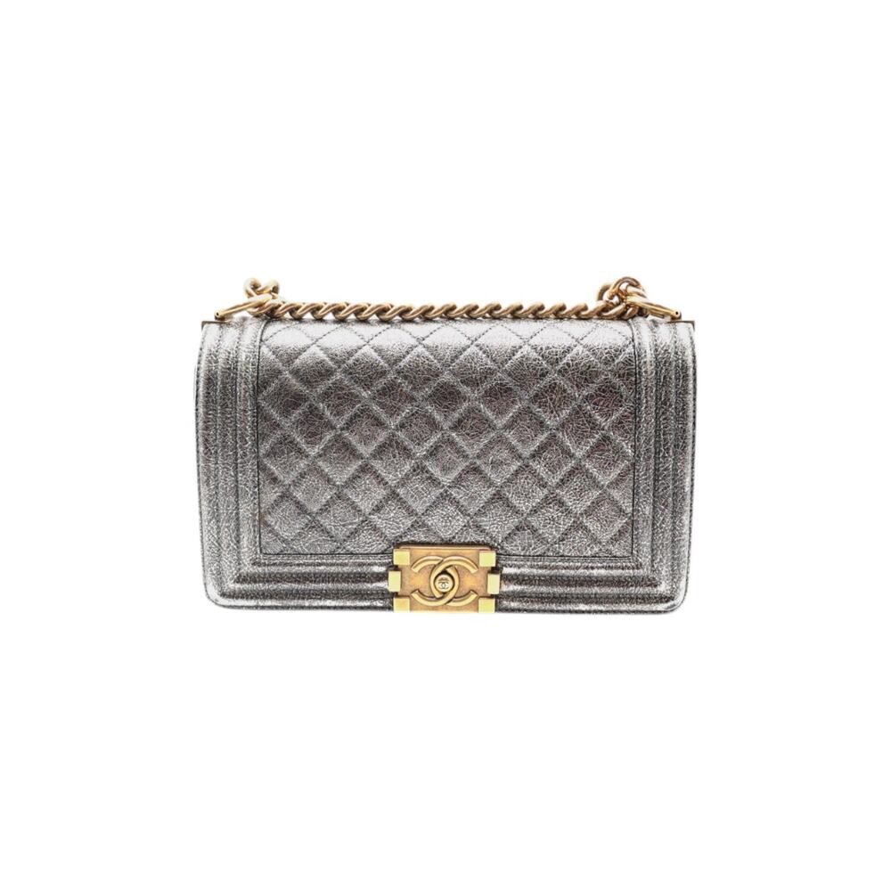 CHANEL Boy Medium Calfskin Metallic Silver With Gold Hardware And Chain Strap